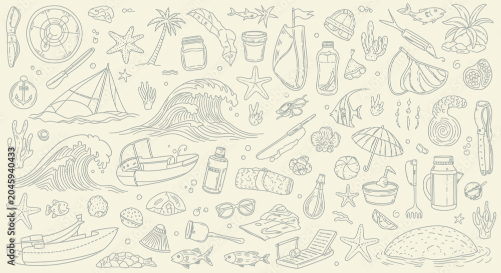 Fototapeta premium Summer Vacation Beach Elements Doodle Set: Sea, Sun, and Fun