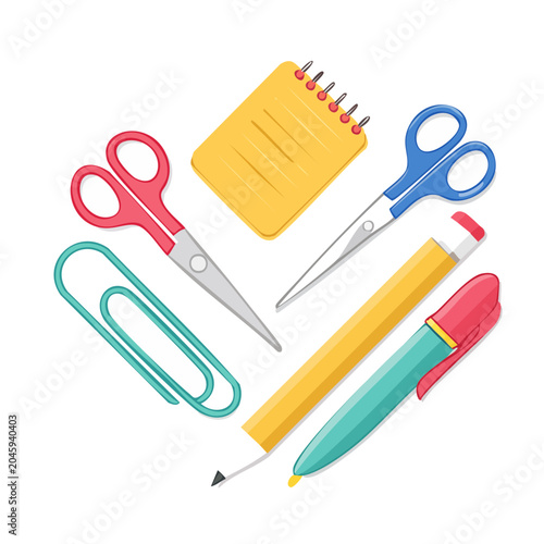 Collection of colorful stationery items on white background