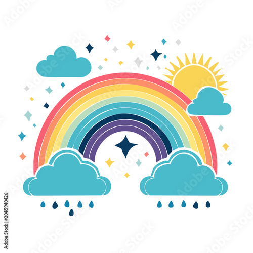 Colorful rainbow with clouds, sun, stars and rain