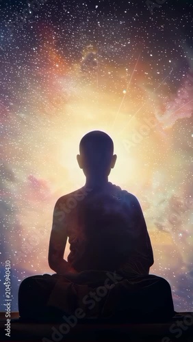 Monk meditating in lotus position against cosmic nebula. Silhouette of spiritual man practicing yoga and mindfulness under glowing galaxy sky for inner peace. Vertical video