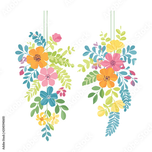 Hanging floral arrangements with colorful flowers and leaves