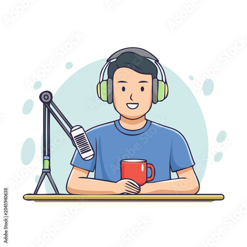 Man with headphones and microphone holding a mug