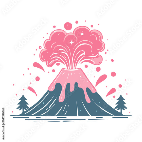 Pink volcano eruption illustration with trees