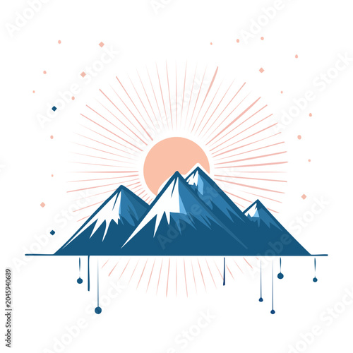 Stylized mountain range with sunburst and falling elements