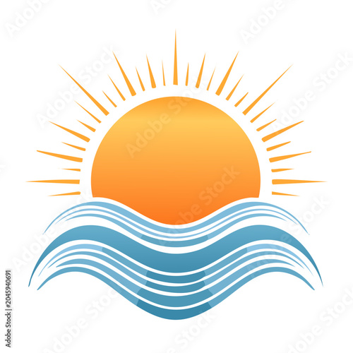 Stylized sun rising over ocean waves