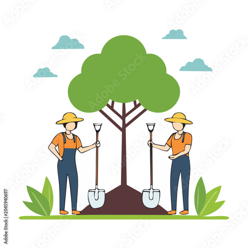 Two people planting a tree with shovels