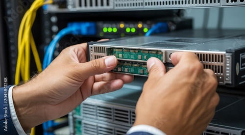 Close Up of IT Technician Installing Network Cable in Server Rack During Data Center Maintenance