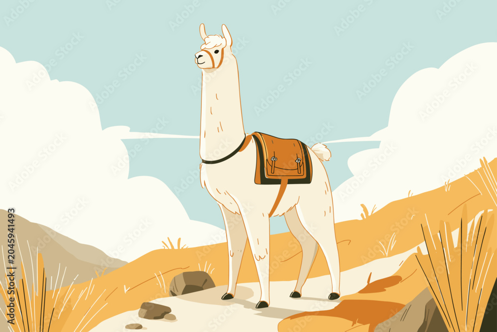 Fototapeta premium Alpaca with Leather Pack on Mountain Trekking Trail