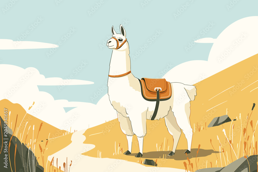 Fototapeta premium Alpaca with Leather Pack on Mountain Trekking Trail