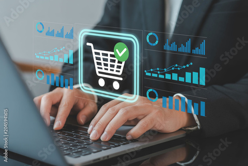 E Commerce Shopping Cart Interface with Digital Business Analytics Dashboard