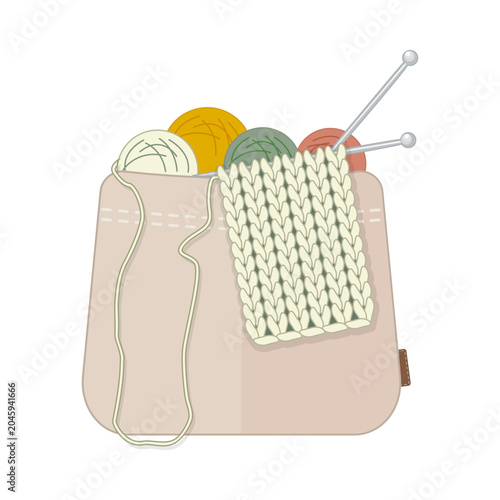 Knitting wool balls and needles in canvas tote basket. Handmade knitting kit in linen bag with yarn balls and needles. Cozy hobby, craft, DIY and slow living concept. Stock vector illustration