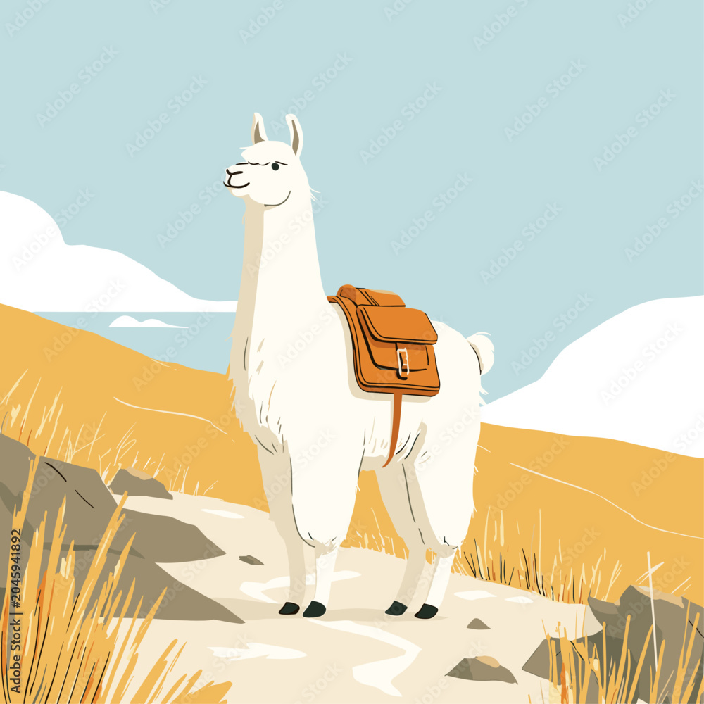 Fototapeta premium Alpaca with Leather Pack on Mountain Trekking Trail
