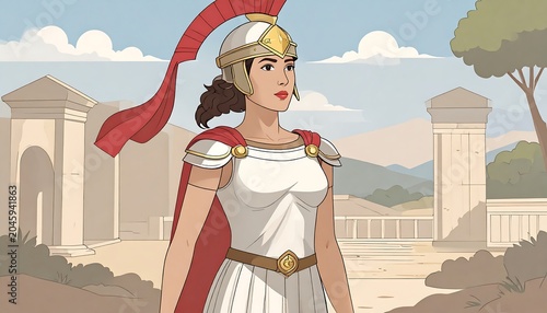 Woman dressed as Greek goddess, wearing a helmet, standing in front of classic architecture