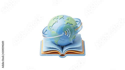 3D Open Book with Globe and Headphones, Global Communication and Education Concept