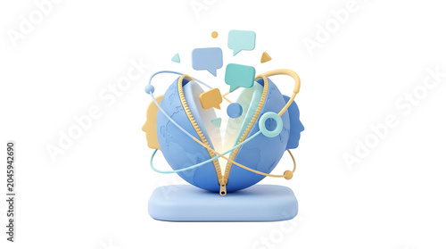 Global Communication Concept: 3D Globe with Zipper, Speech Bubbles, and Human Heads