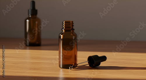 Amber glass dropper bottle on light wooden surface. Empty bottle and dropper resting casually on a light-colored wooden table. Empty cosmetic bottle and dropper. home use. bedroom.