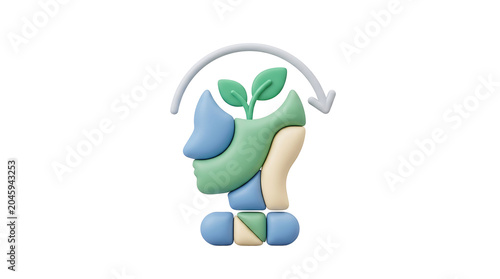 3D Human Head with Growing Plant and Circular Arrow Symbolizing Growth and Ideas