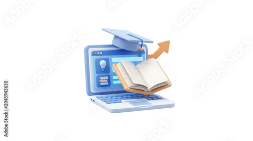 Online Learning Concept: Laptop with Graduation Cap, Open Book, and Growth Arrow