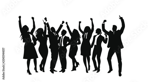 Business team members celebrating success with arms raised high in a joyful silhouette display that captures energy and victory against a bright white background for dynamic marketing materials.