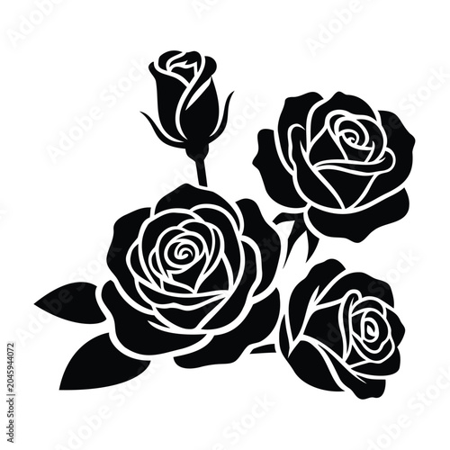 Black Three Rose Floral Cluster Silhouette Cutout Vector