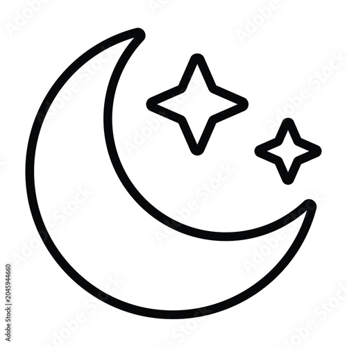 Crescent moon black outline style symbol with decorative stars. Suitable for night, astronomy, sleep, celestial, and fantasy themed designs on isolated background.