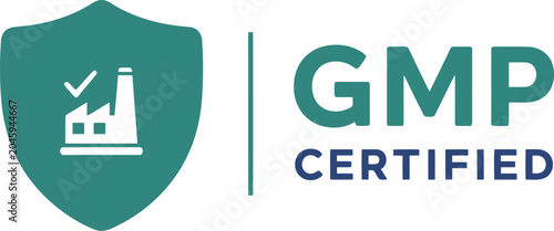 GMP Certified Badge with Factory Icon and Check Mark on Shield