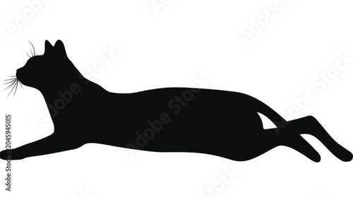 Cat silhouette resting in a calm prone position creates a peaceful mood with its elongated body shape and subtle whisker details, rendered in deep black against a stark and bright white background.