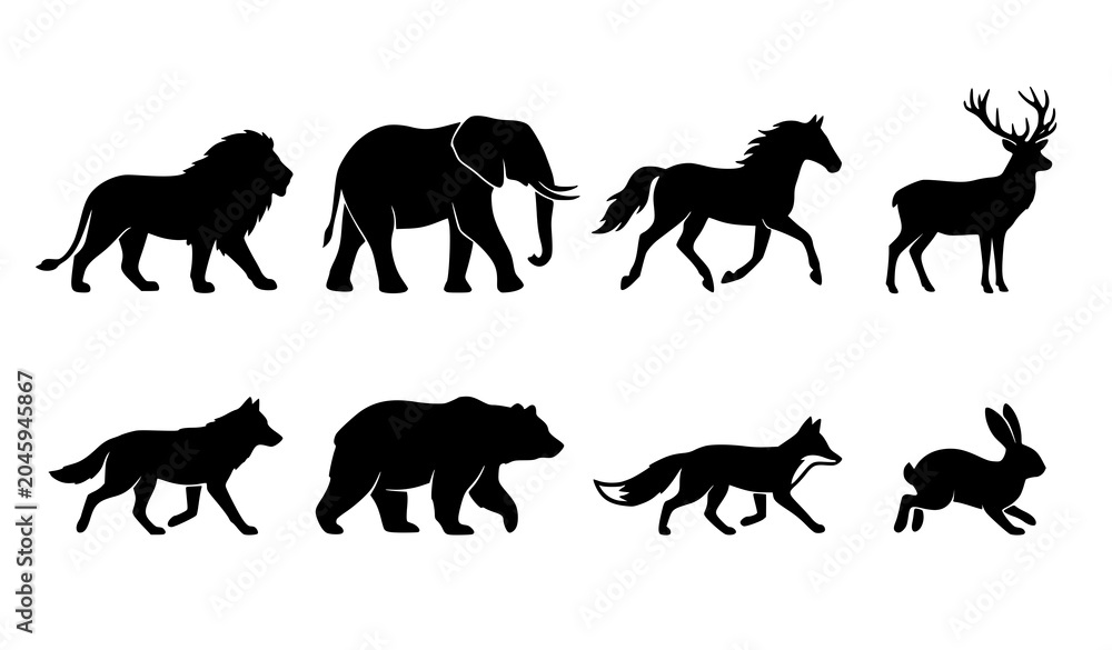 Obraz premium Wild Animal Silhouette Vector Collection with Forest and Safari Wildlife Species