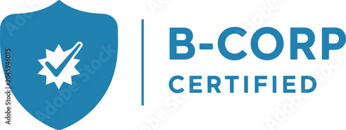 Fotografie B Corp Certified Badge with Blue Shield and Check Mark on White Background