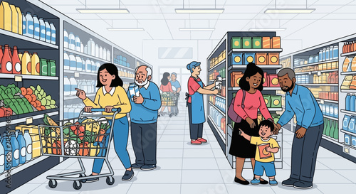 Diverse group of people shopping with grocery cart in a well lit supermarket aisle