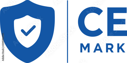 Bild auf Leinwand Blue CE Mark Certification Badge with Shield and Check Mark Icon