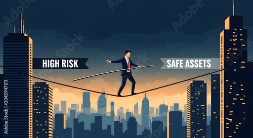 Investor Walking Tightrope Between Risk And Safe Assets Vector Illustration