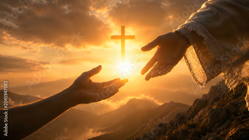 Hands reaching towards sunrise with cross symbol in dramatic sky during golden hour