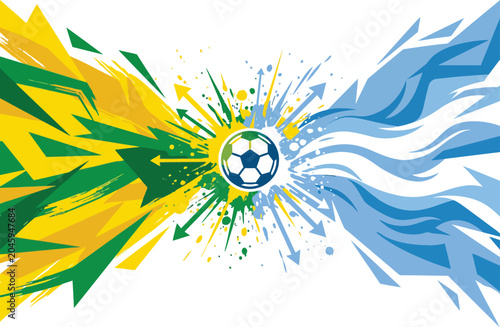 Abstract soccer ball with Brazil and Argentina colors splash, dynamic football match rivalry concept, flat vector graphic