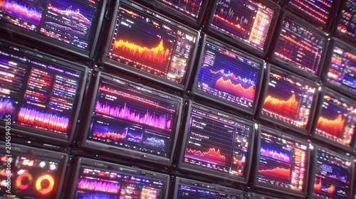 wall filled with colorful charts, equations, and interactive learning graphics glowing softly