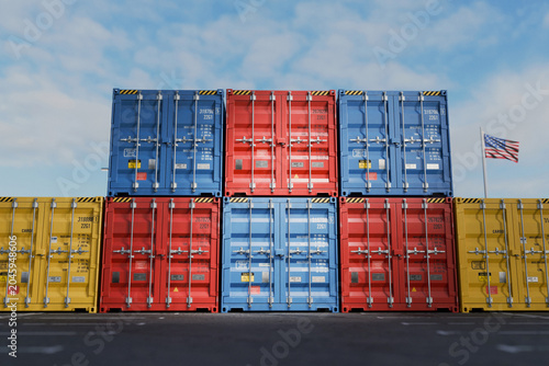 Stacked blue, red, and yellow cargo containers against a blue sky with the US flag. Concept of American international trade, global logistics, maritime shipping industry, and import export business.