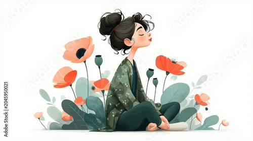 Young woman sitting among colorful flowers enjoying a quiet moment in nature during daytime while wearing a green outfit