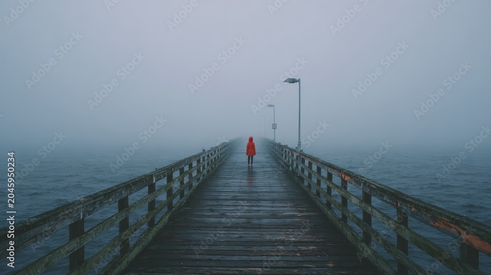Obraz premium Person walking on foggy pier