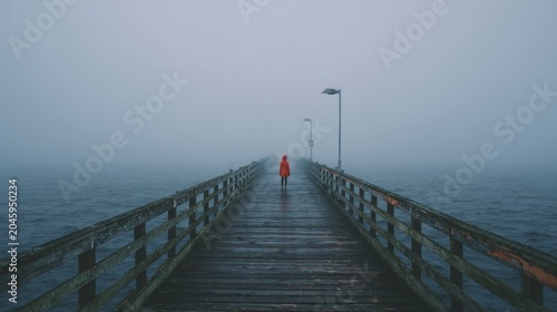 Person walking on foggy pier