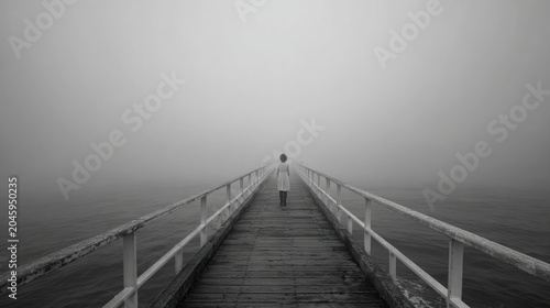 Person walking on foggy pier