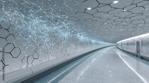 hallway with modern design and educational projections on futuristic walls