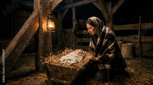 Woman in traditional clothing tending to newborn in rustic wooden manger at night