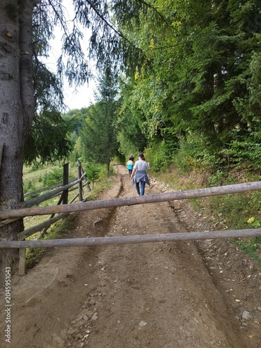 Group of tourists walking past a wooden barrier on a dirt road in the Carpathian Mountains