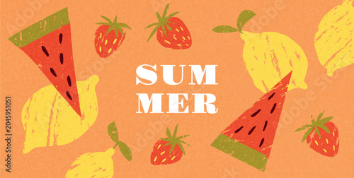 Summer fruit banner with watermelon slices, strawberries and lemons on orange textured background. Retro holiday poster. Flat colorful vector illustration.