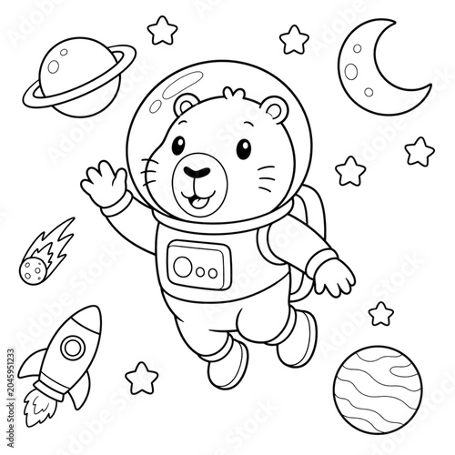 Cute Capybara Astronaut Space Coloring Page