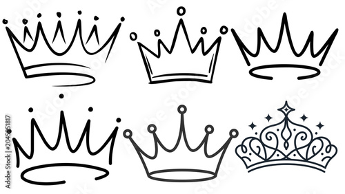 Konstfotografi Hand Drawn Crown Icons and Doodle Tiara Sketch Set