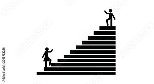 Black silhouette icon of a man and woman climbing stairs.