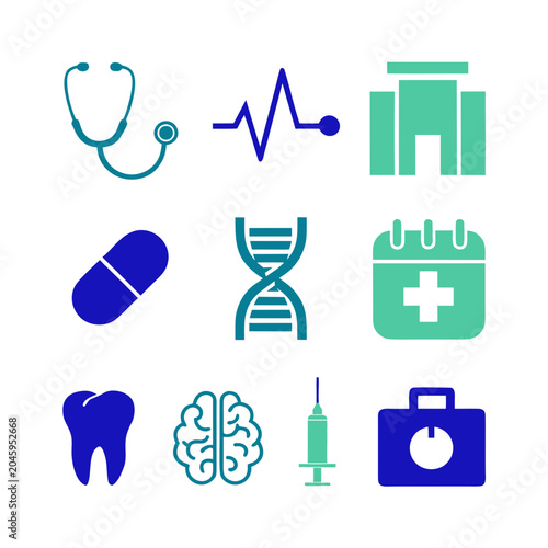 Medical and healthcare icons set with stethoscope, pill, dna, brain