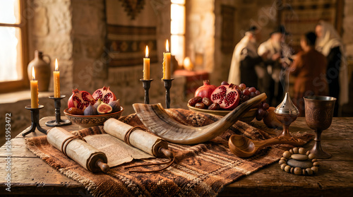 Romantic candlelit dinner setting with roses and elegant tableware on rustic wooden table
