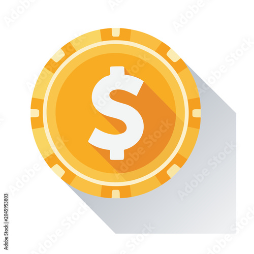 Flat design dollar coin icon with long shadow